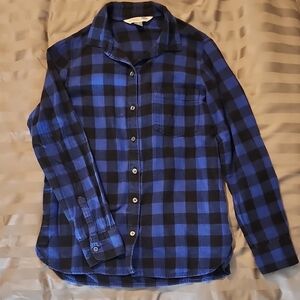 Old Navy Blue and Black Plaid Classic Button-Up